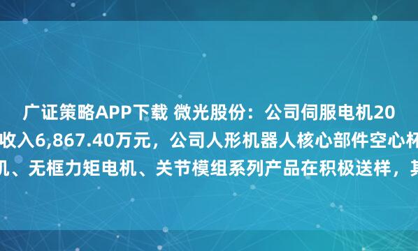 广证策略APP下载 微光股份：公司伺服电机2025年上半年实现销售收入6,867.40万元，公司人形机器人核心部件空心杯电机、无框力矩电机、关节模组系列产品在积极送样，其中无框力矩电机已取得小批量订单